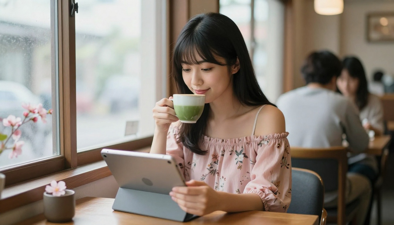 Japanese woman at a cozy cafe browsing AI companion options on her tablet