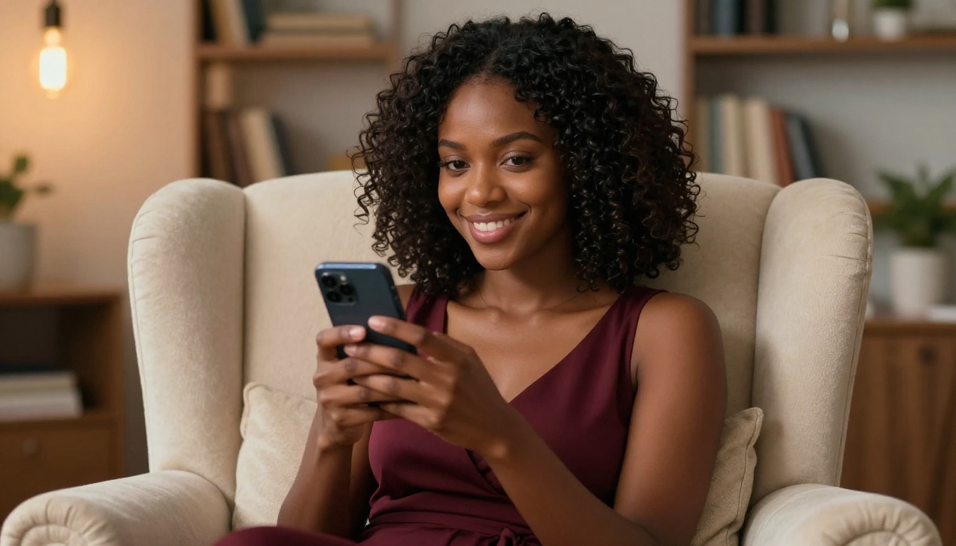 African American woman smiling warmly and confidently while chatting on her phone with her AI companion