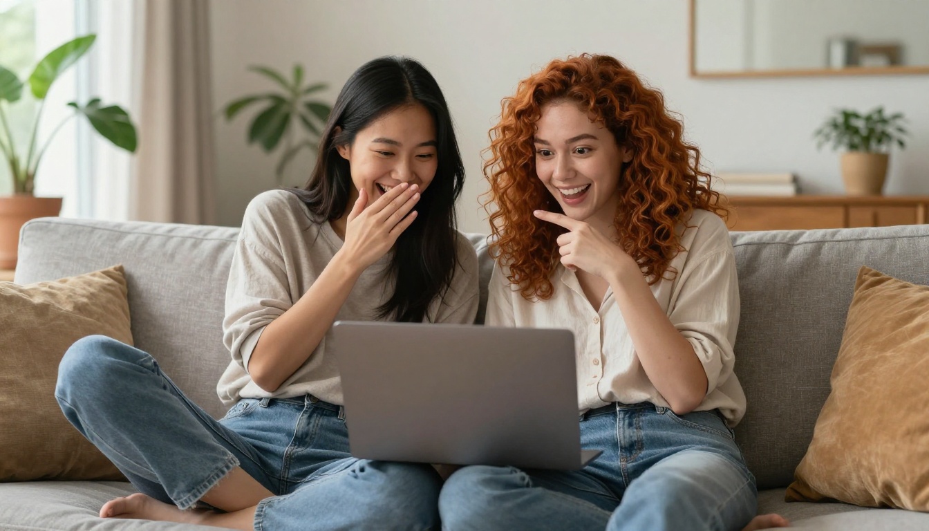 Two women laughing together while browsing AI companion profiles on a laptop