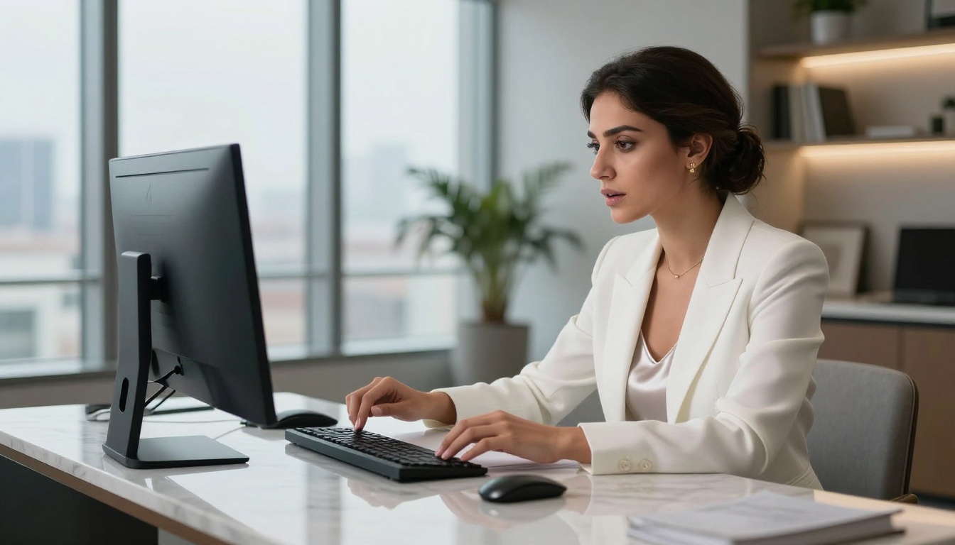 Middle Eastern woman at a modern home office desk reviewing AI companion platform options on her monitor