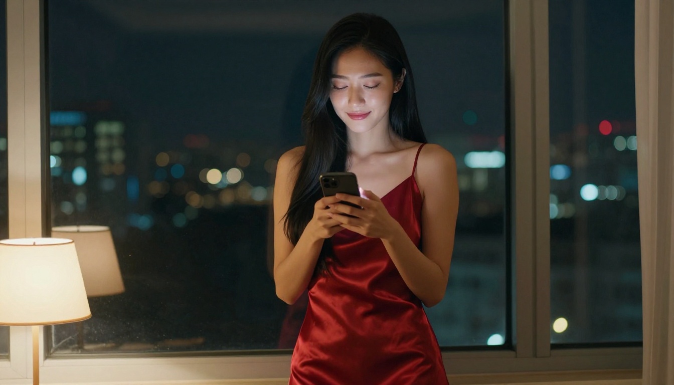 Beautiful Asian woman in red silk dress at night window, feeling emotionally connected with her AI companion at last