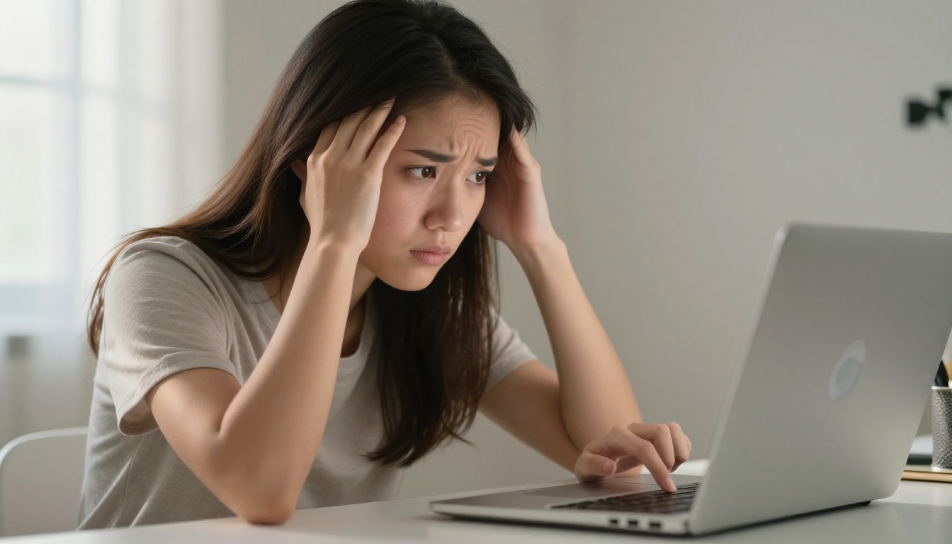 A young woman staring at a frozen chat screen in frustration