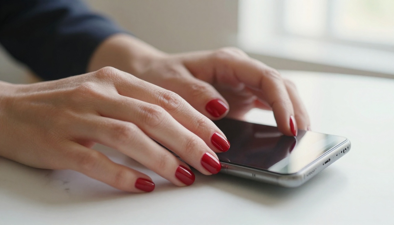 Close-up of elegant feminine hands typing on a smartphone on white marble