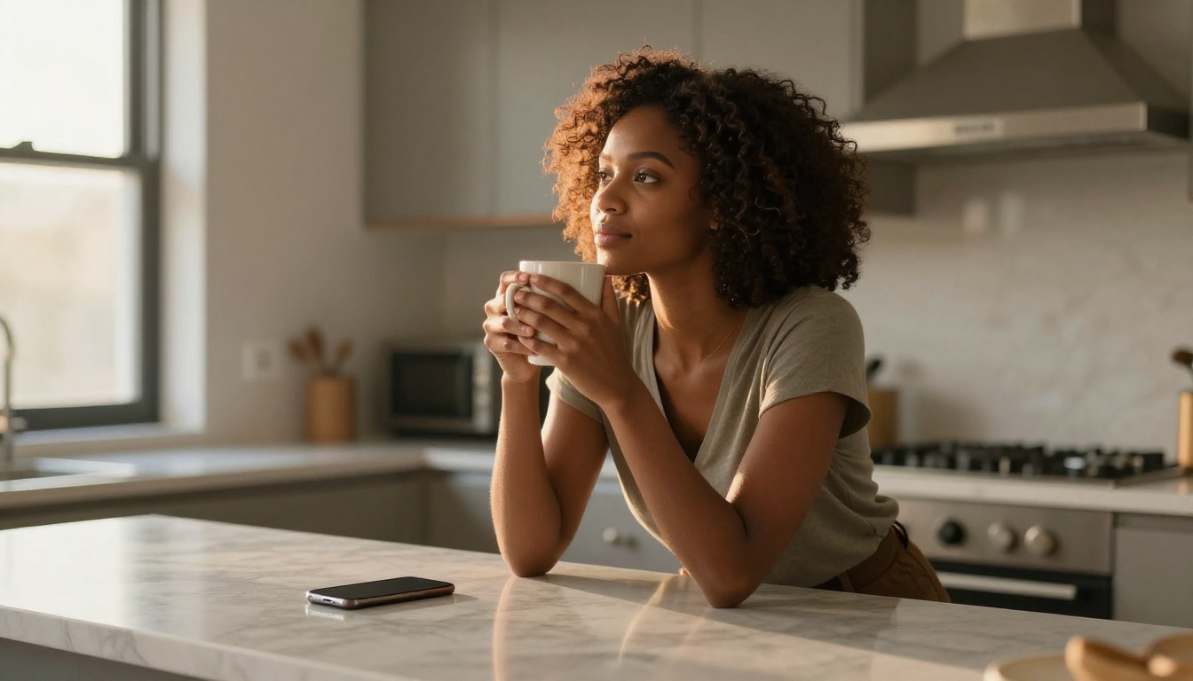 An African American woman looking thoughtfully out a window holding a coffee mug