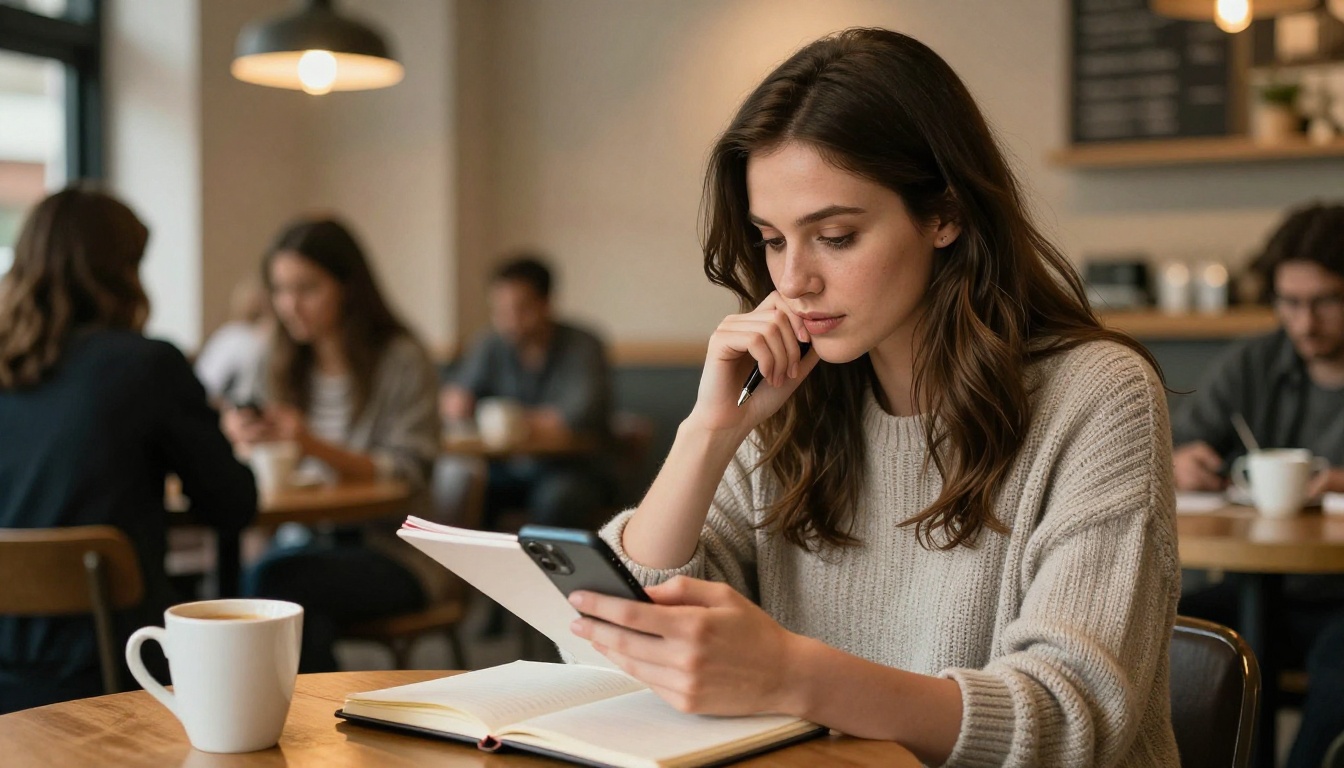 A woman at a coffee shop comparing AI companion platforms thoughtfully