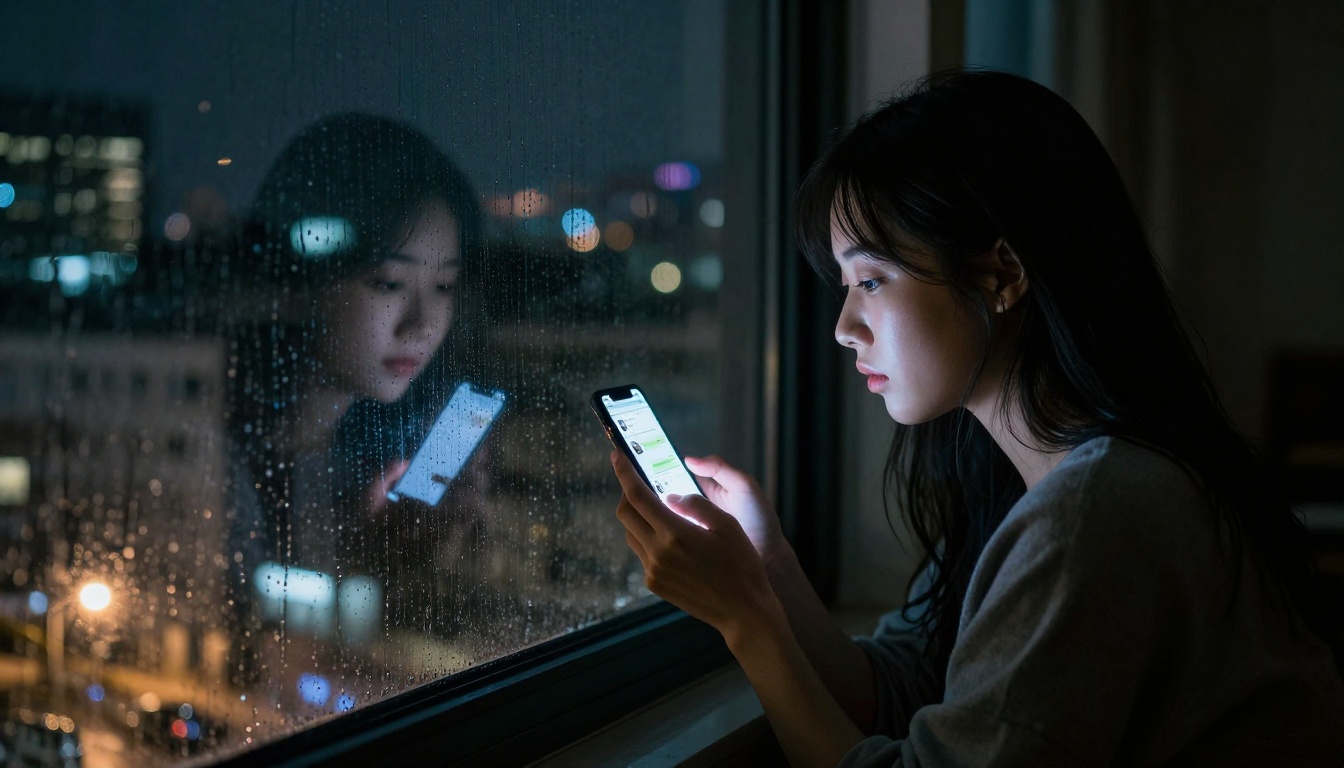 A young Korean woman looking at her phone by a rain-streaked window at night