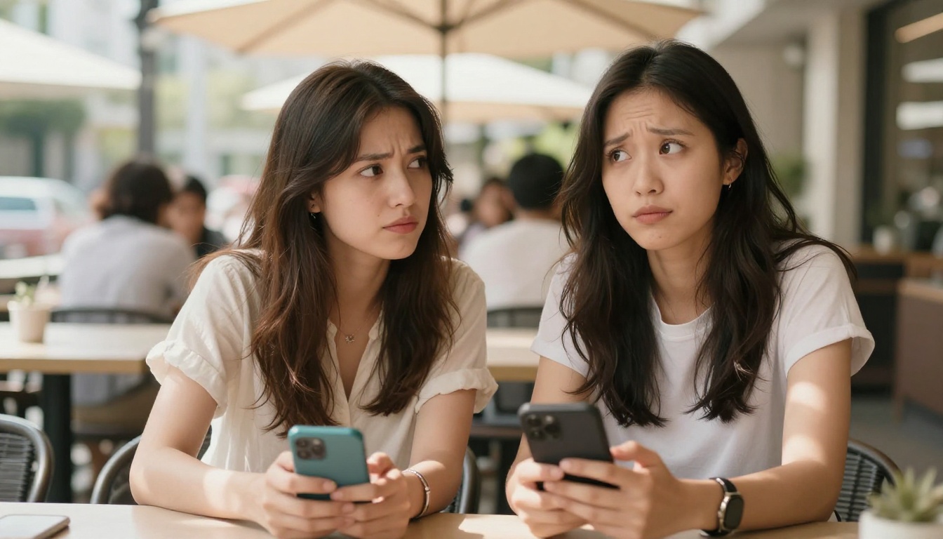 Two women friends looking skeptically at a phone together at a terrace cafe