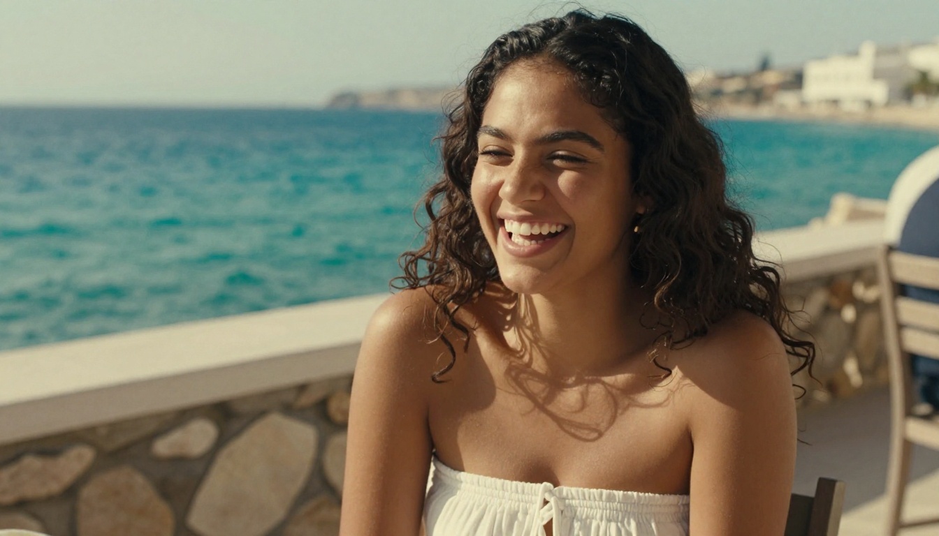 Latina woman in white sundress laughing on Mediterranean terrace