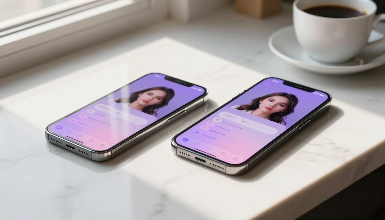 Two smartphones showing AI companion app interfaces side by side on marble desk