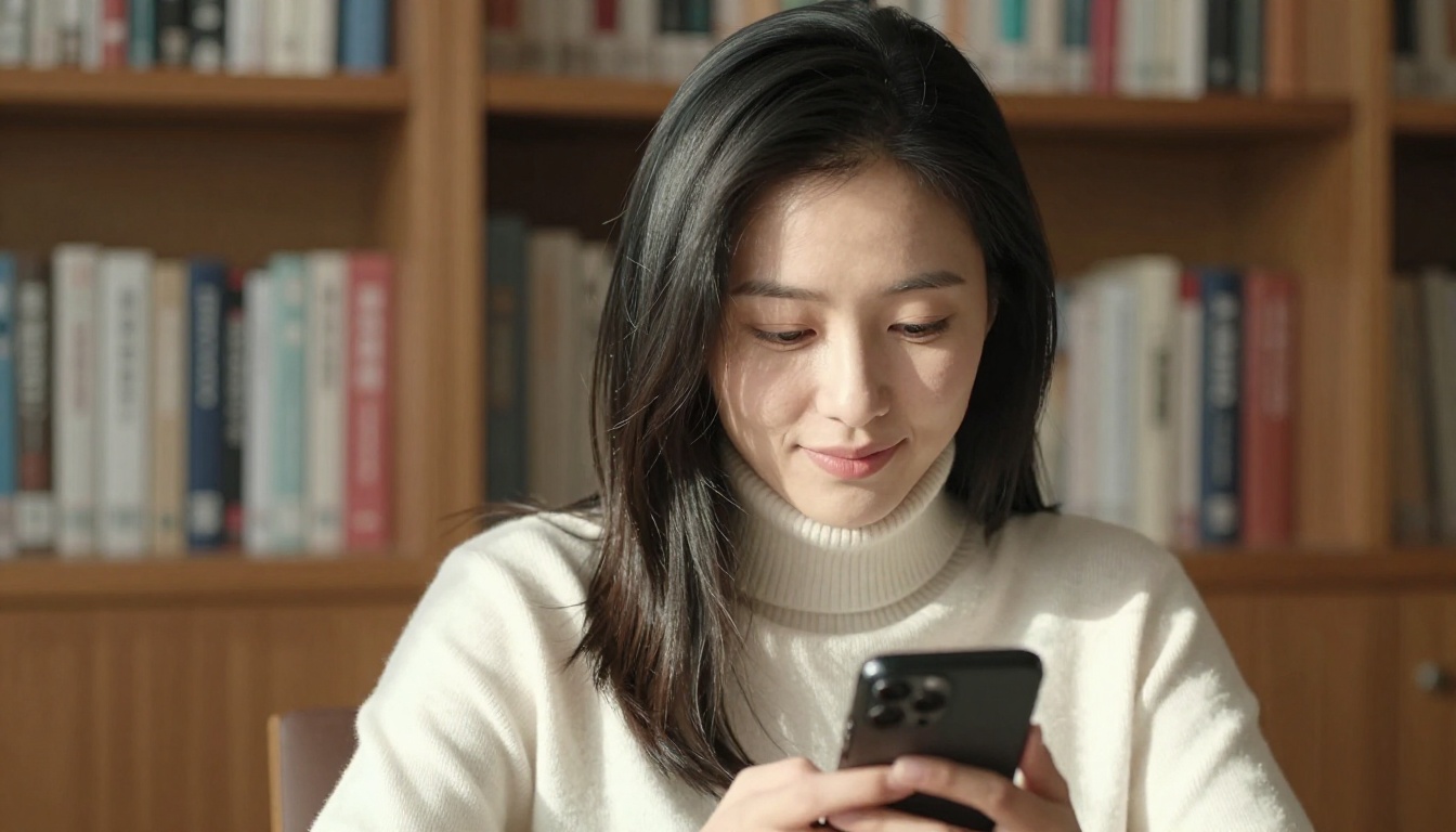 Beautiful East Asian woman smiling softly at phone in cozy reading corner