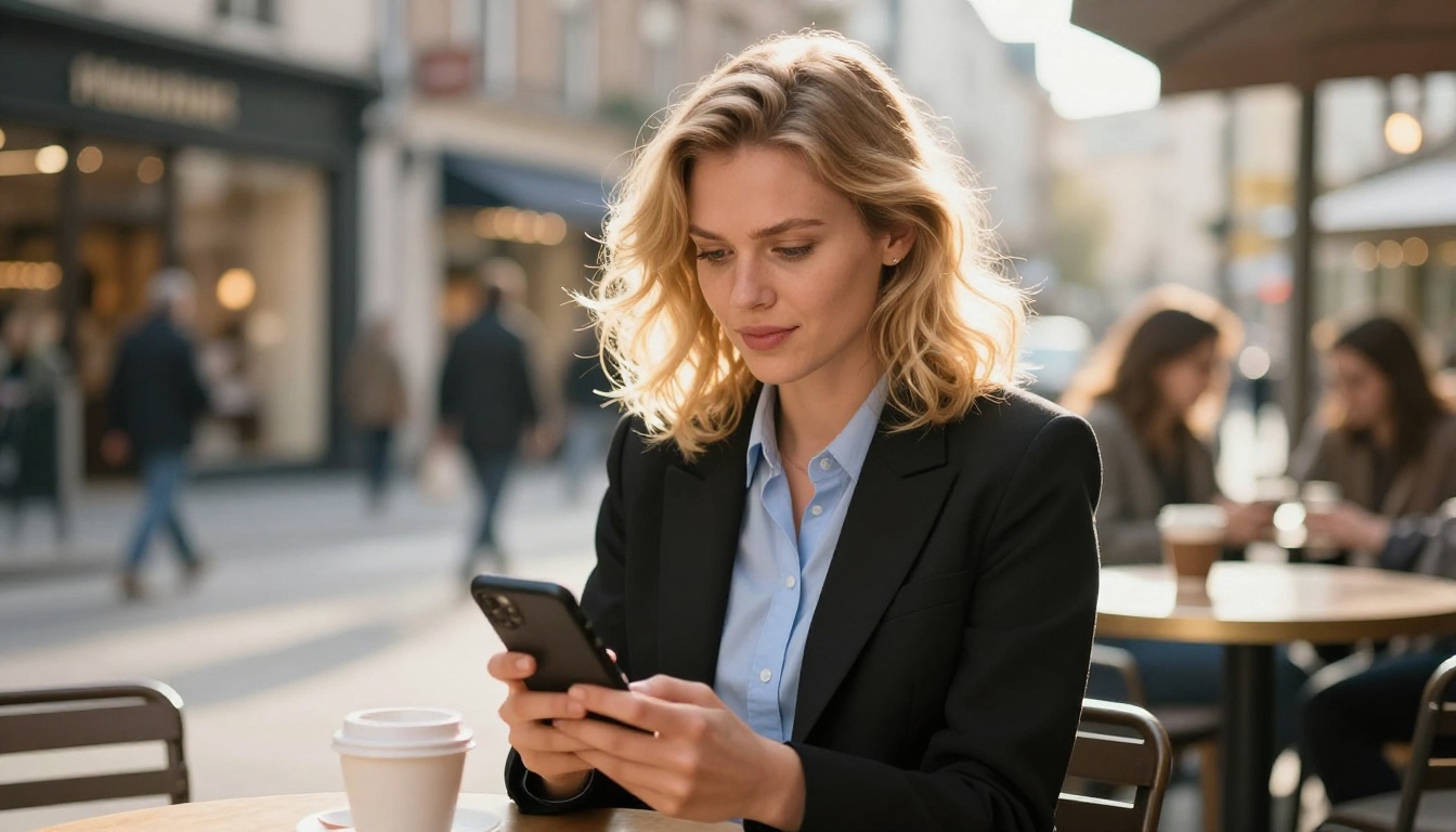 Confident blonde woman at city street cafe checking her phone with curiosity