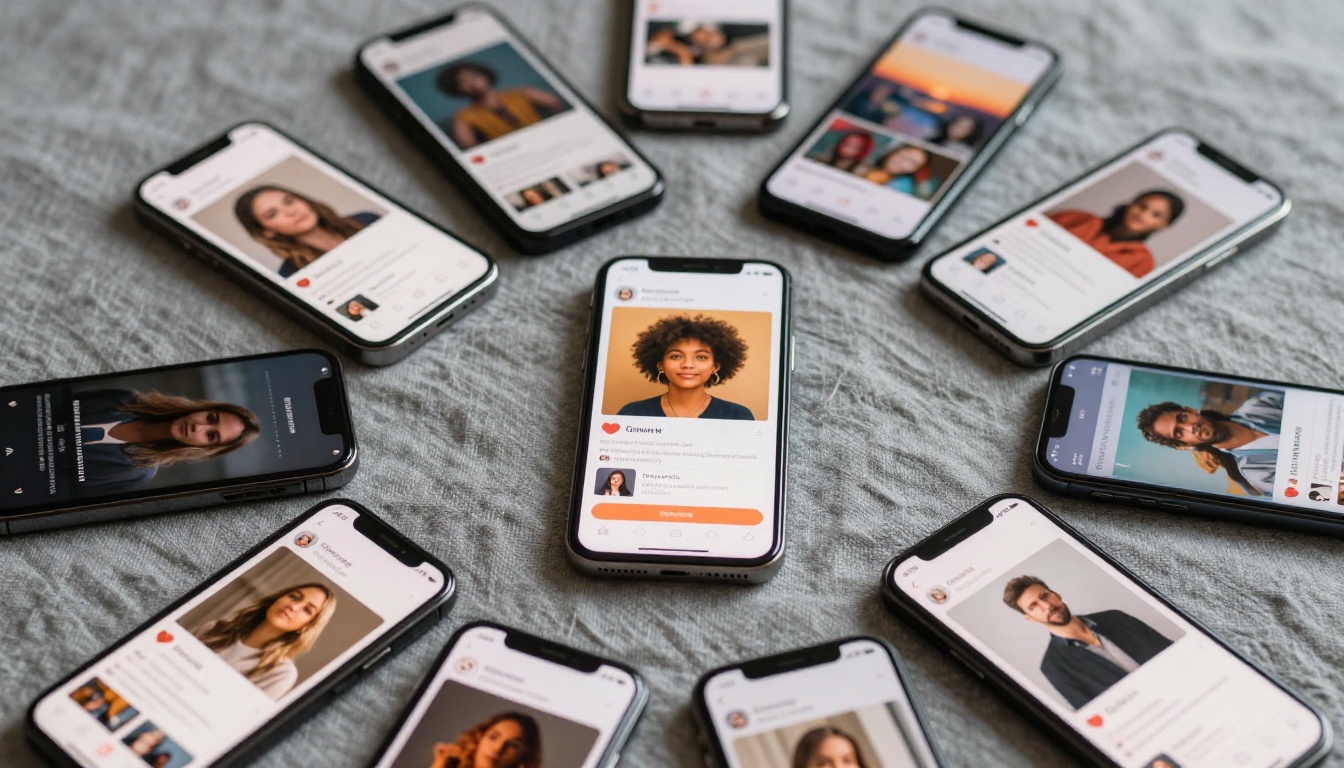 Multiple AI companion apps displayed on smartphones arranged on grey linen