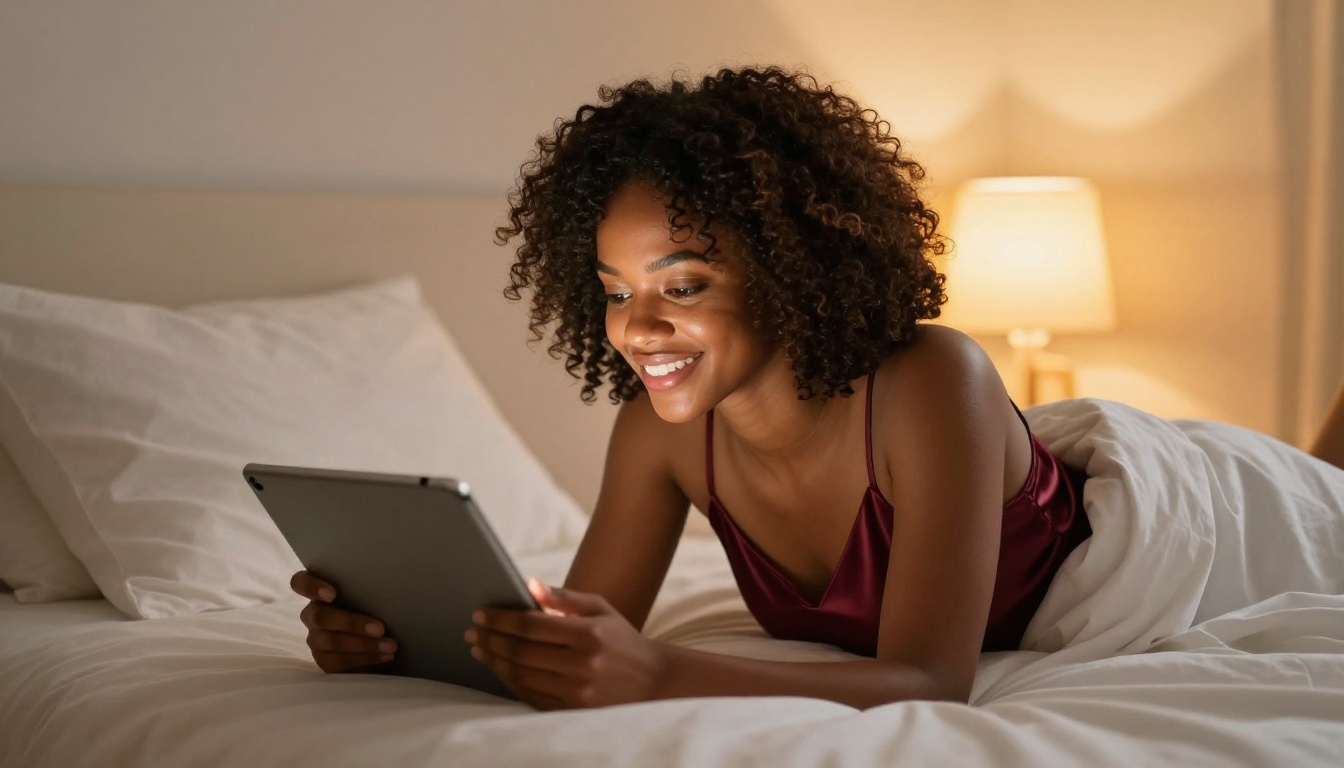 African American woman in silk slip dress reading tablet in warm amber evening light