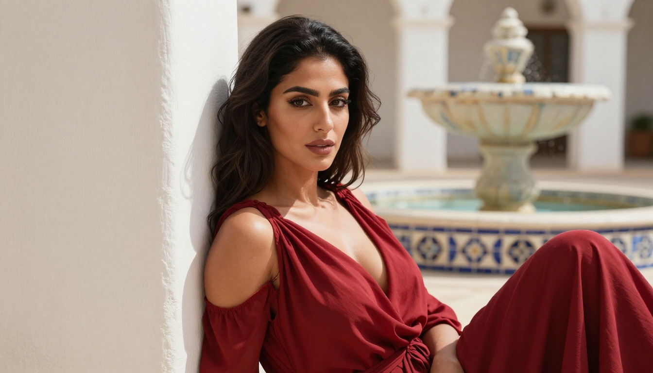 Middle Eastern woman in deep red top leaning against white courtyard wall with direct gaze