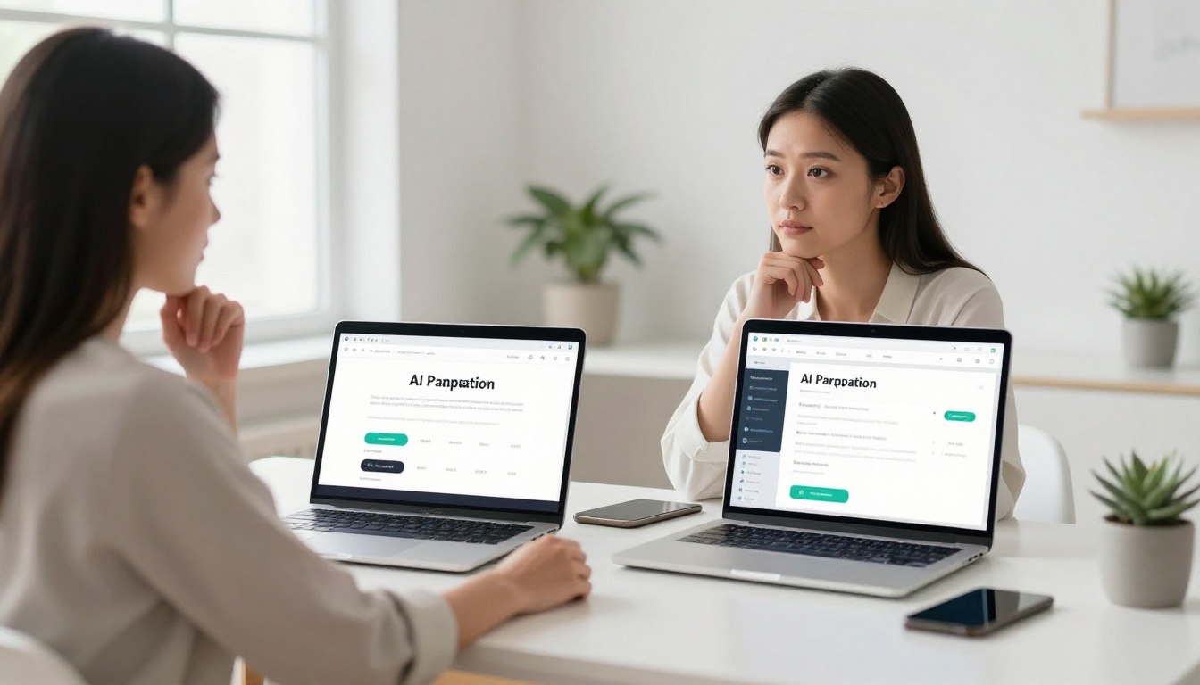 Woman evaluating two AI companion apps on laptop screens at minimalist desk