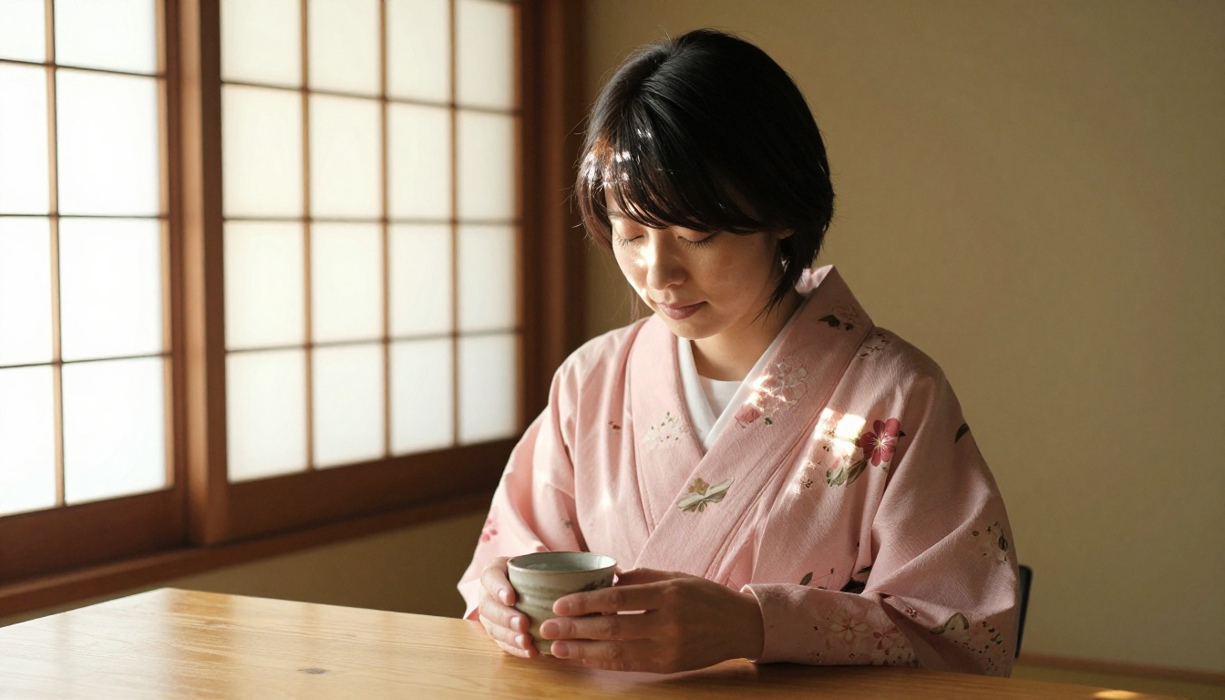 Japanese woman cradling ceramic tea cup in warm teahouse afternoon light