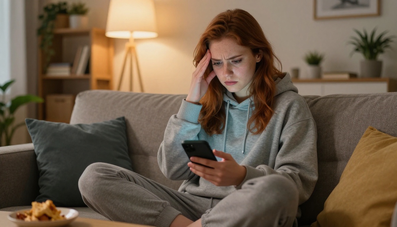 A frustrated young woman staring at her phone with an annoyed expression, sitting on a cozy couch in warm evening light
