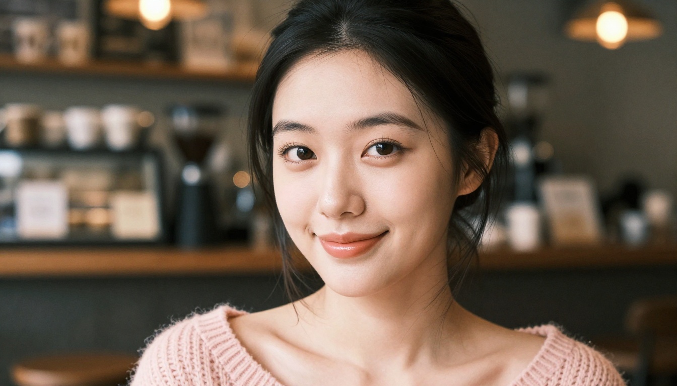 A radiant East Asian woman with a warm smile, soft lighting, close-up portrait in a cozy cafe setting