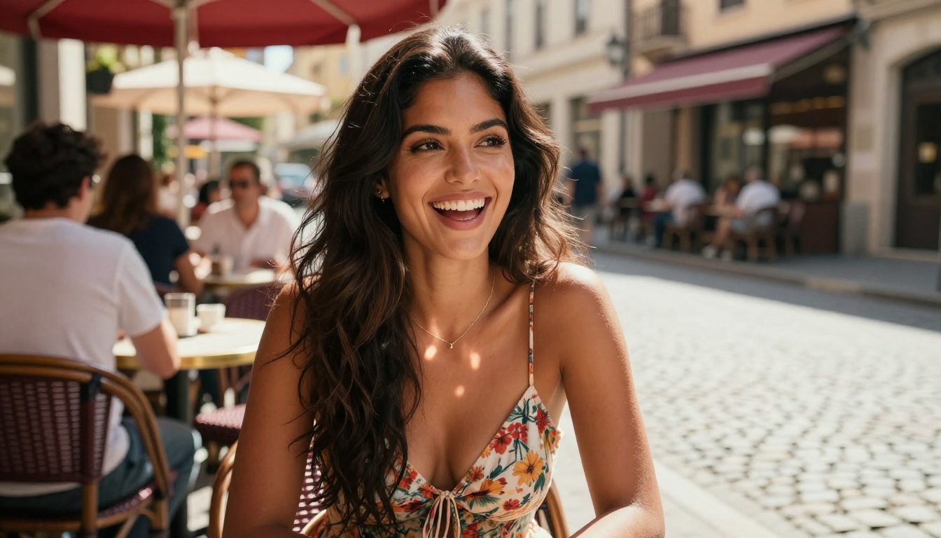 A stunning Latina woman laughing candidly at an outdoor European cafe table, golden midday sunlight