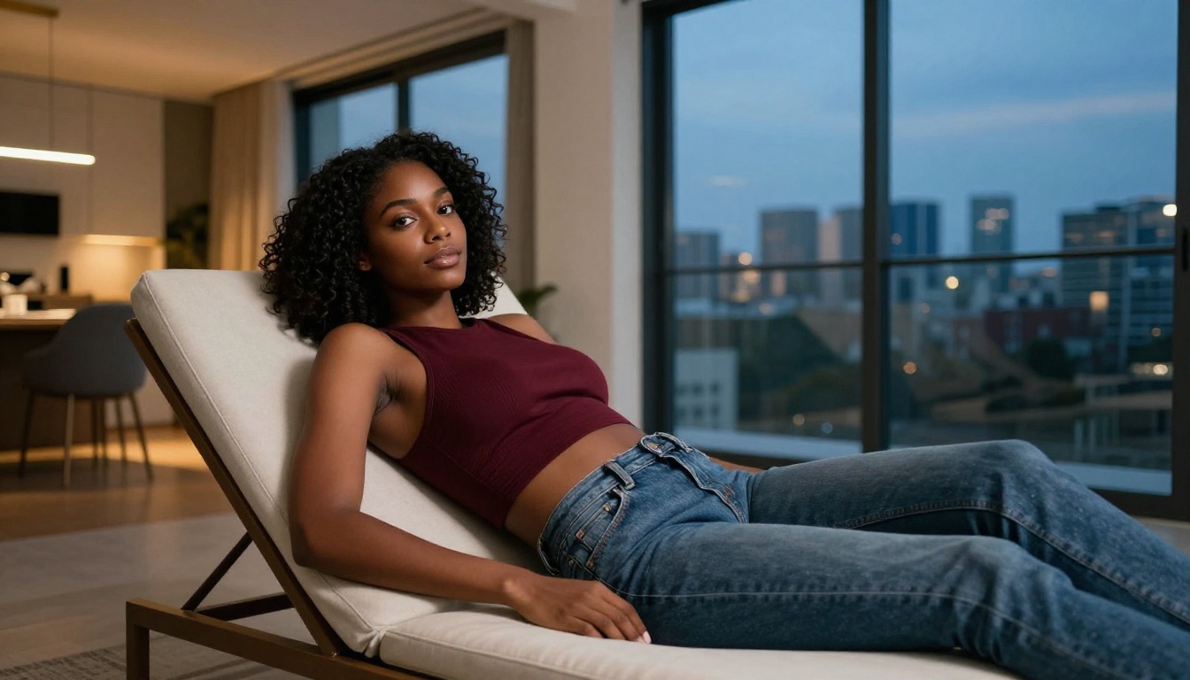 A striking young woman with African features reclining confidently in a modern apartment at dusk