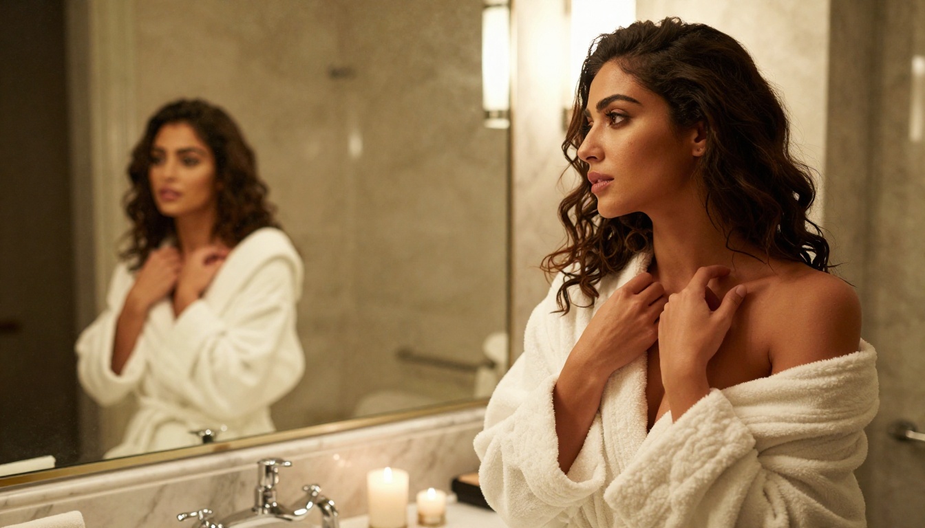 A beautiful Middle Eastern woman in a luxury bathroom, warm vanity lighting, thoughtful expression