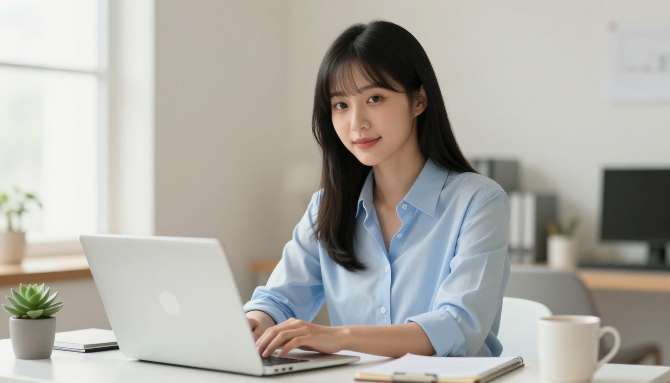 A beautiful Korean woman at a clean white desk with a warm approachable expression, natural home office light