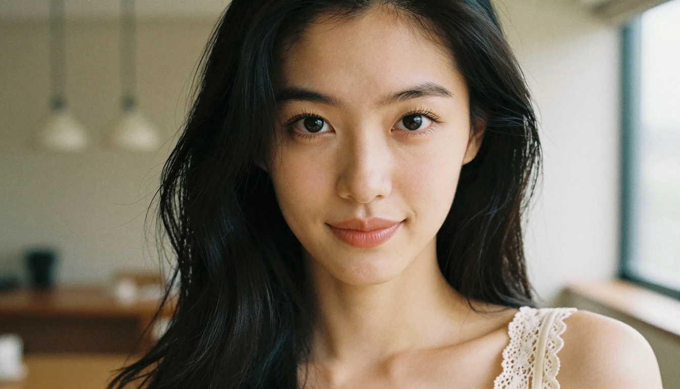 Close-up portrait of a stunning East Asian woman with dark eyes making direct eye contact