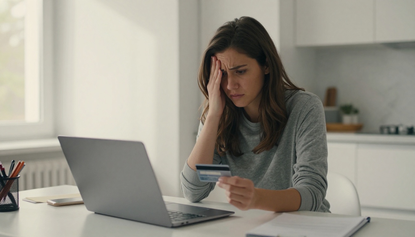 A frustrated young woman at a laptop with a credit card in hand, looking at a subscription page