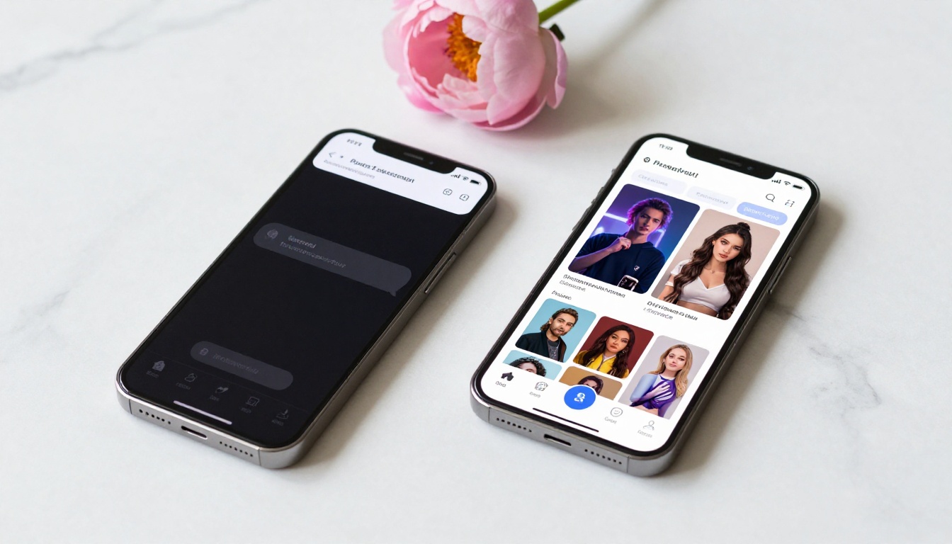 Two smartphones side by side on white marble, one showing a restricted interface and the other showing a rich AI companion app