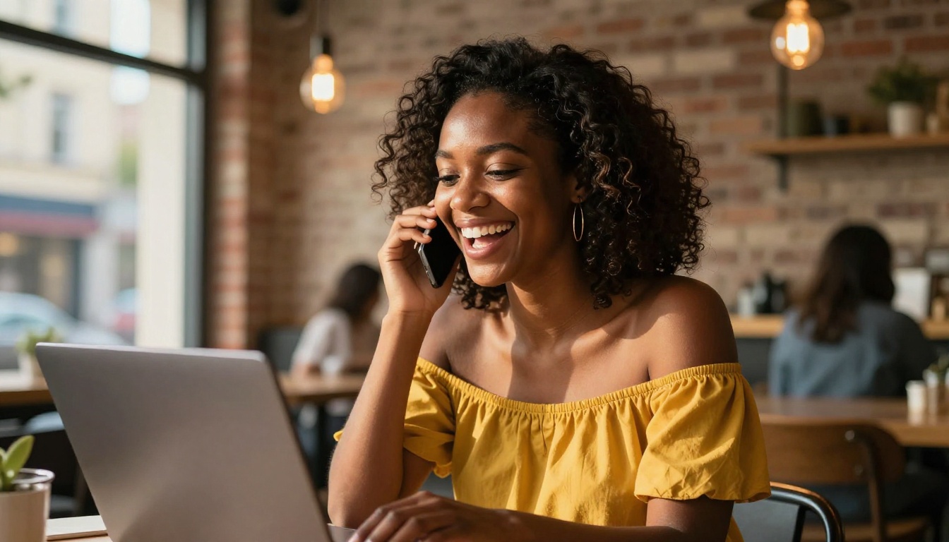 Attractive young African American woman laughing during a video call in a warm sunlit café