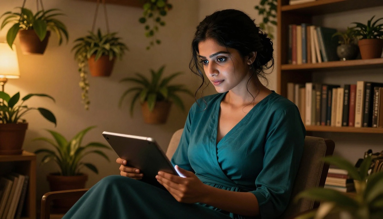 Gorgeous South Asian woman in a teal wrap dress sitting in a reading nook, holding a tablet with a soft screen glow
