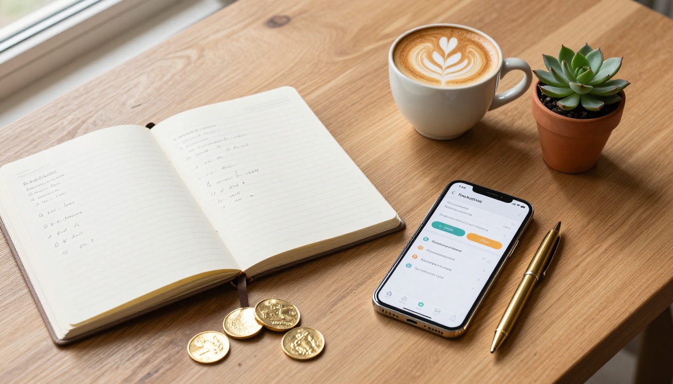 Elegant flat-lay on a warm oak table with a notebook, latte, smartphone showing pricing tiers, and gold coins