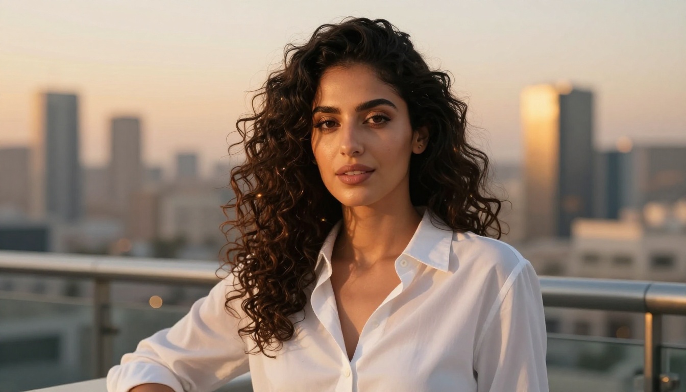 Strikingly beautiful Middle Eastern woman on a balcony with a golden-hour city skyline behind her, direct eye contact
