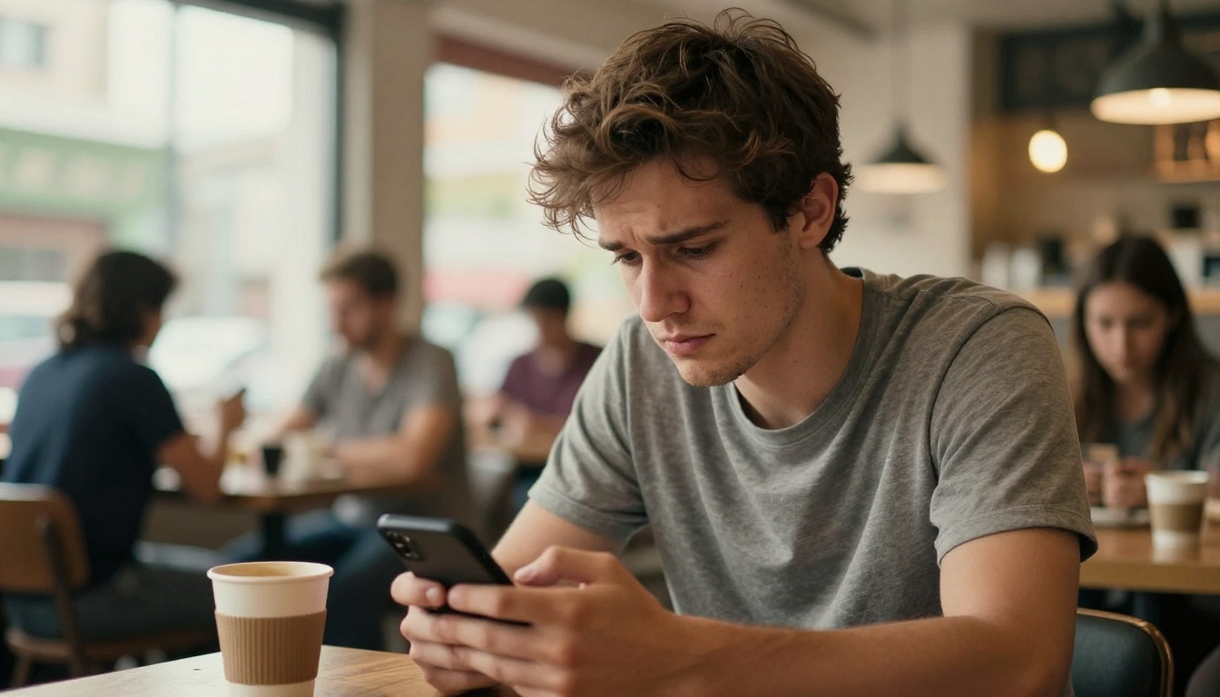 Frustrated young man sitting alone at a coffee shop, scrolling through a dating app with a tired defeated expression, surrounded by empty coffee cups
