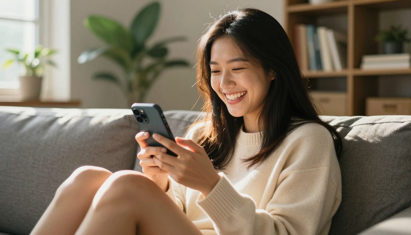 Beautiful Asian woman laughing genuinely while chatting on her smartphone, seated in a cozy sunlit apartment with warm golden bokeh lighting around her