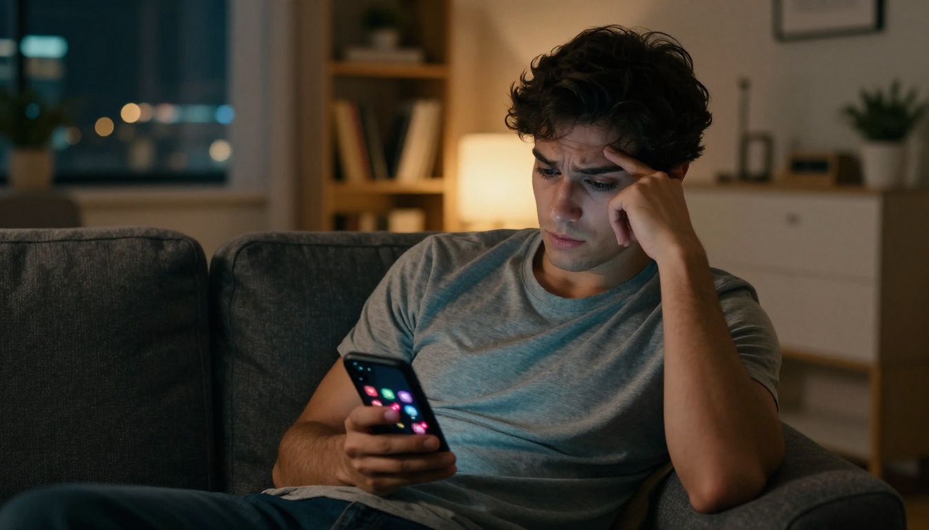 Person exhausted from dating apps late at night