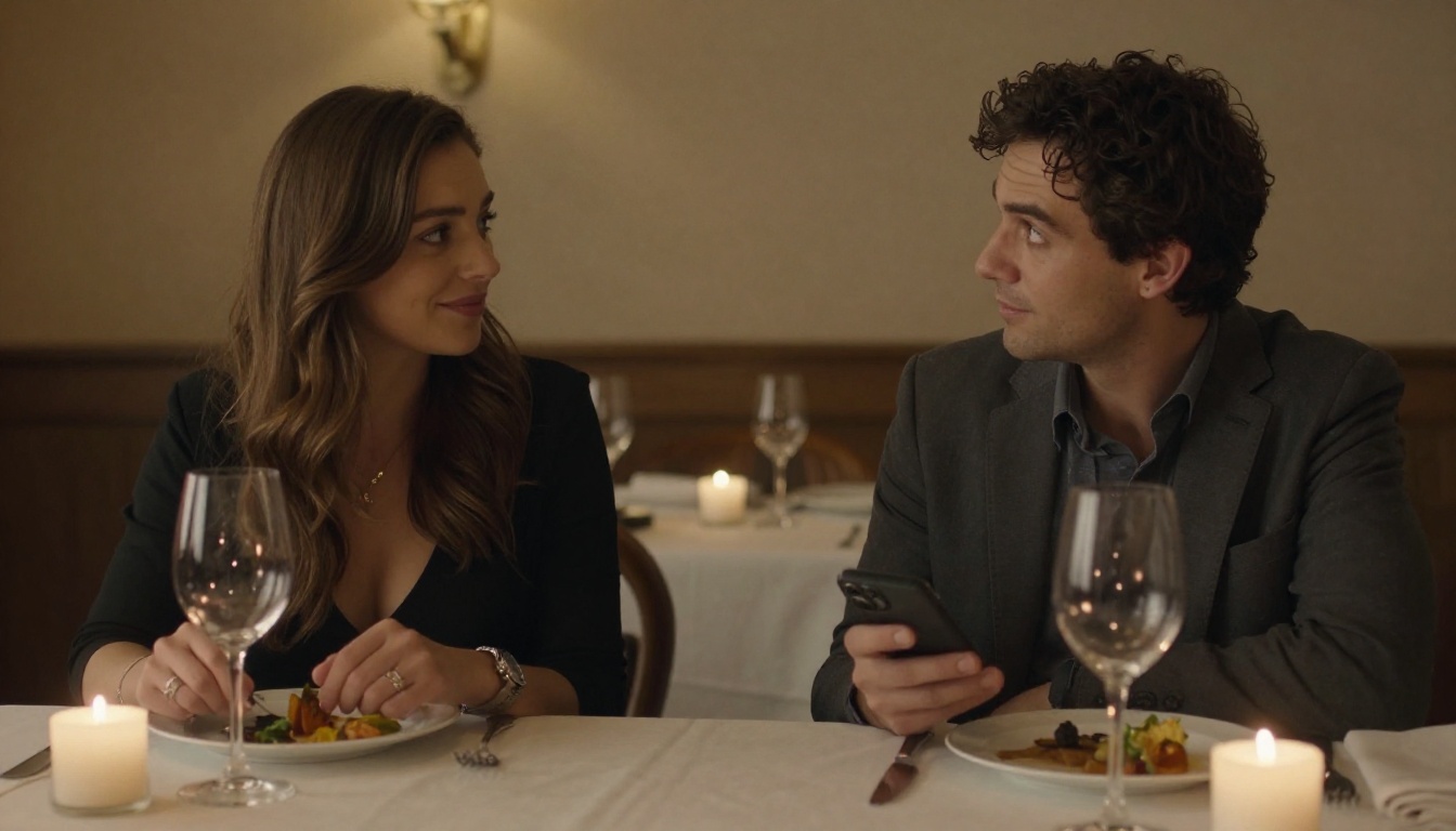 Two people on a visibly awkward first date at a restaurant, one checking their phone under the table while the other stares at their wine glass with a forced polite smile