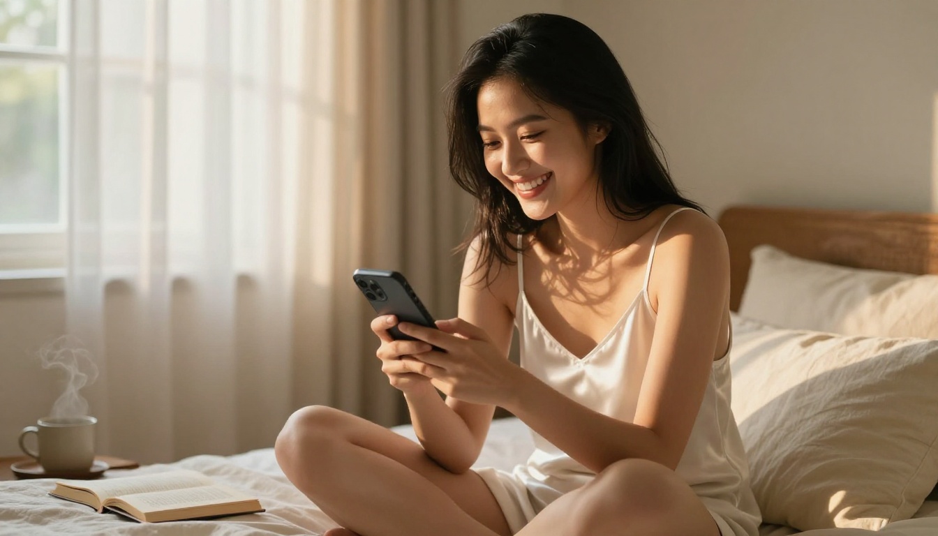 Beautiful Asian woman genuinely smiling at her phone in soft morning light