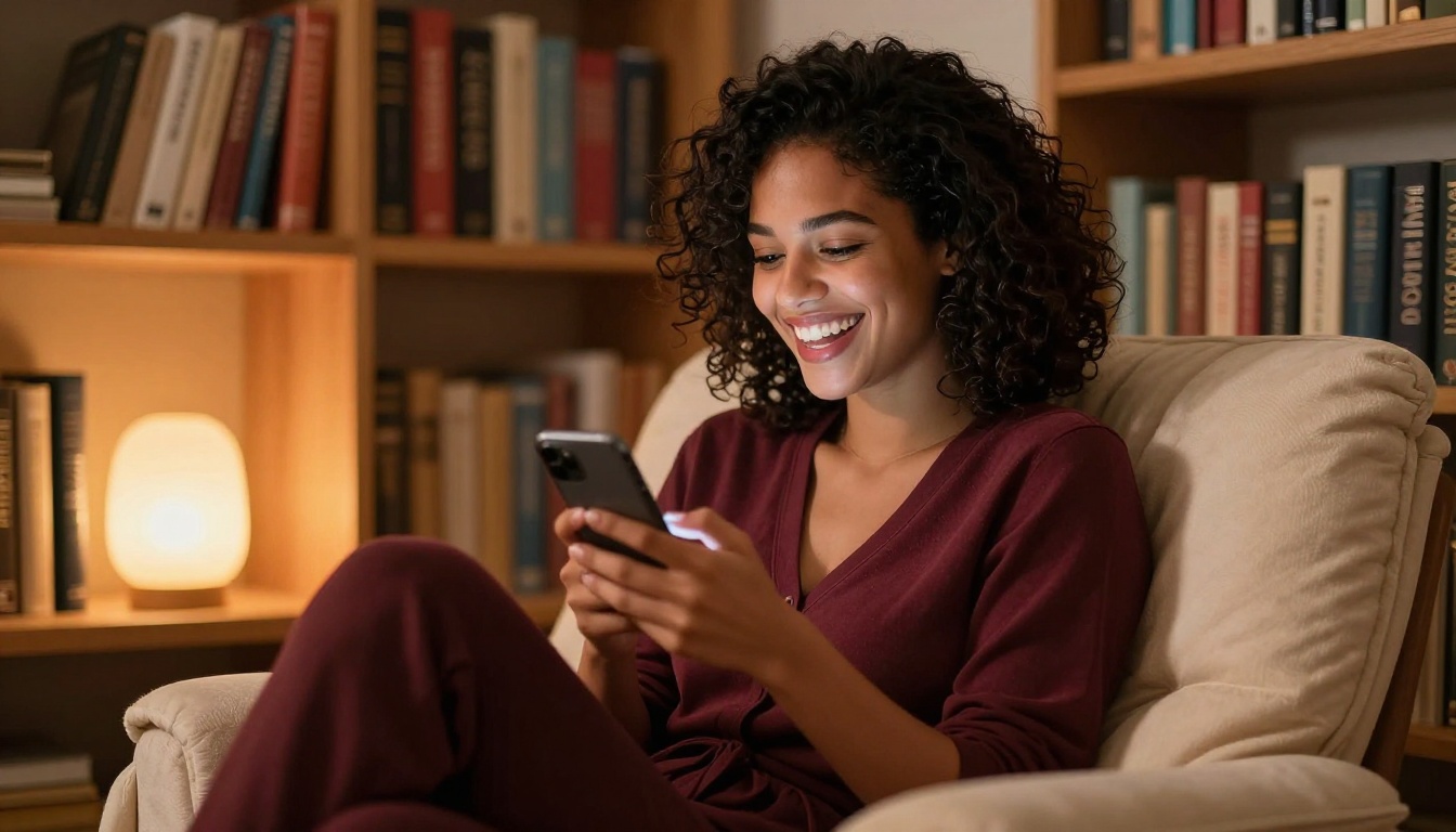 Latina woman with curly hair laughing freely at her phone in a warm reading nook