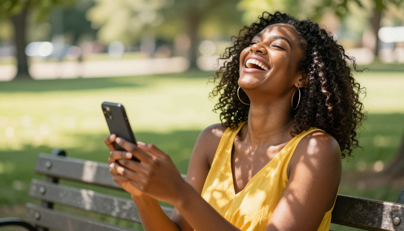 African American woman laughing freely in a sunny park while holding her phone
