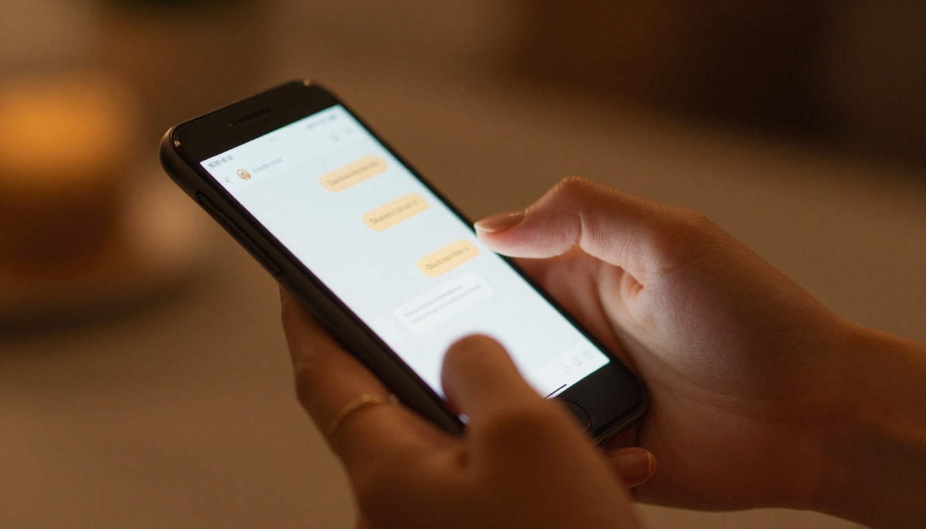Close-up of an elegant woman's hand with natural nude manicure holding a glowing smartphone in a darkened room, warm screen light creating beautiful golden illumination on fingertips