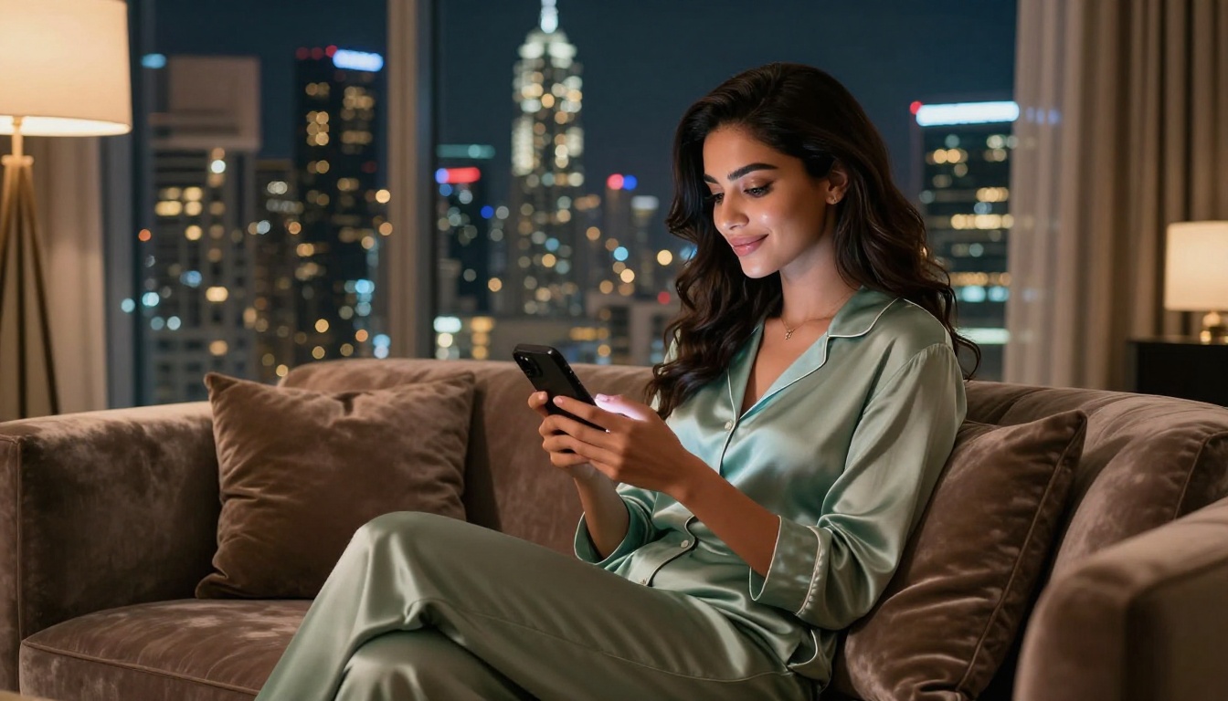 Middle Eastern woman smiling with quiet confidence in a luxury apartment overlooking the city at night