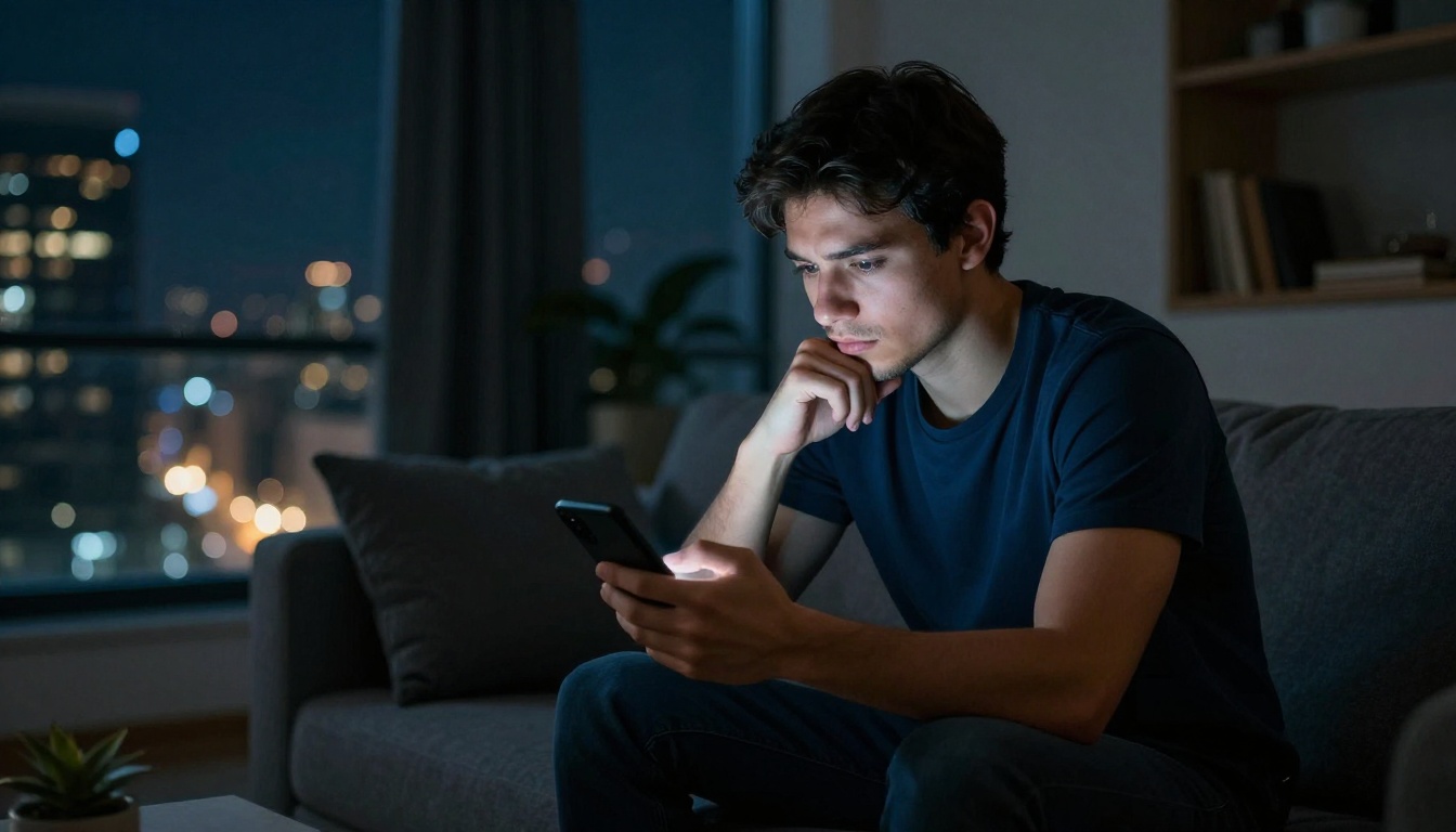 A young man sitting alone in his apartment at night, looking thoughtful and introspective, blue ambient light contrasting with warm phone screen glow, city lights blurred through window