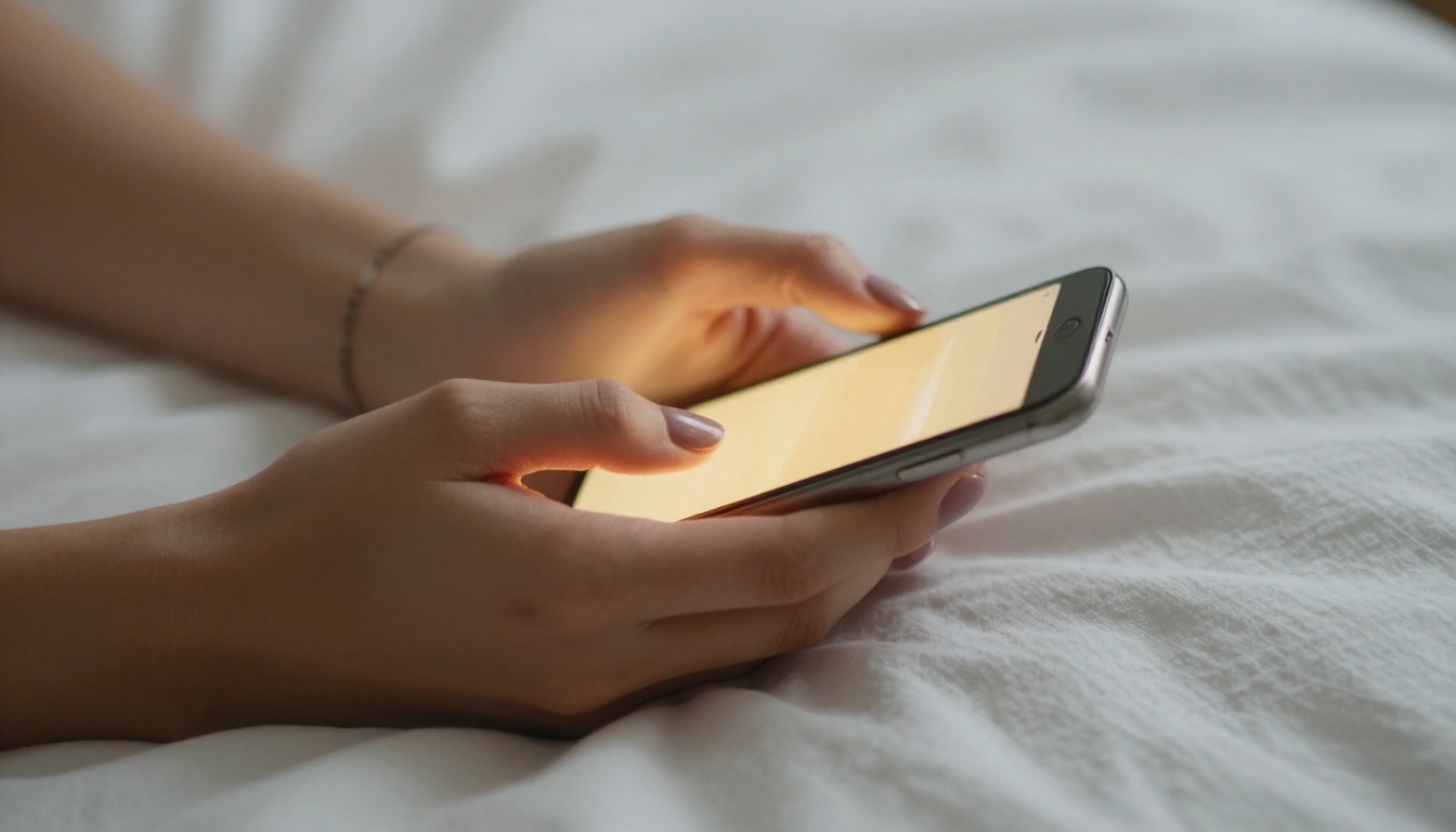 Intimate close-up of hands holding a glowing phone against white linen sheets