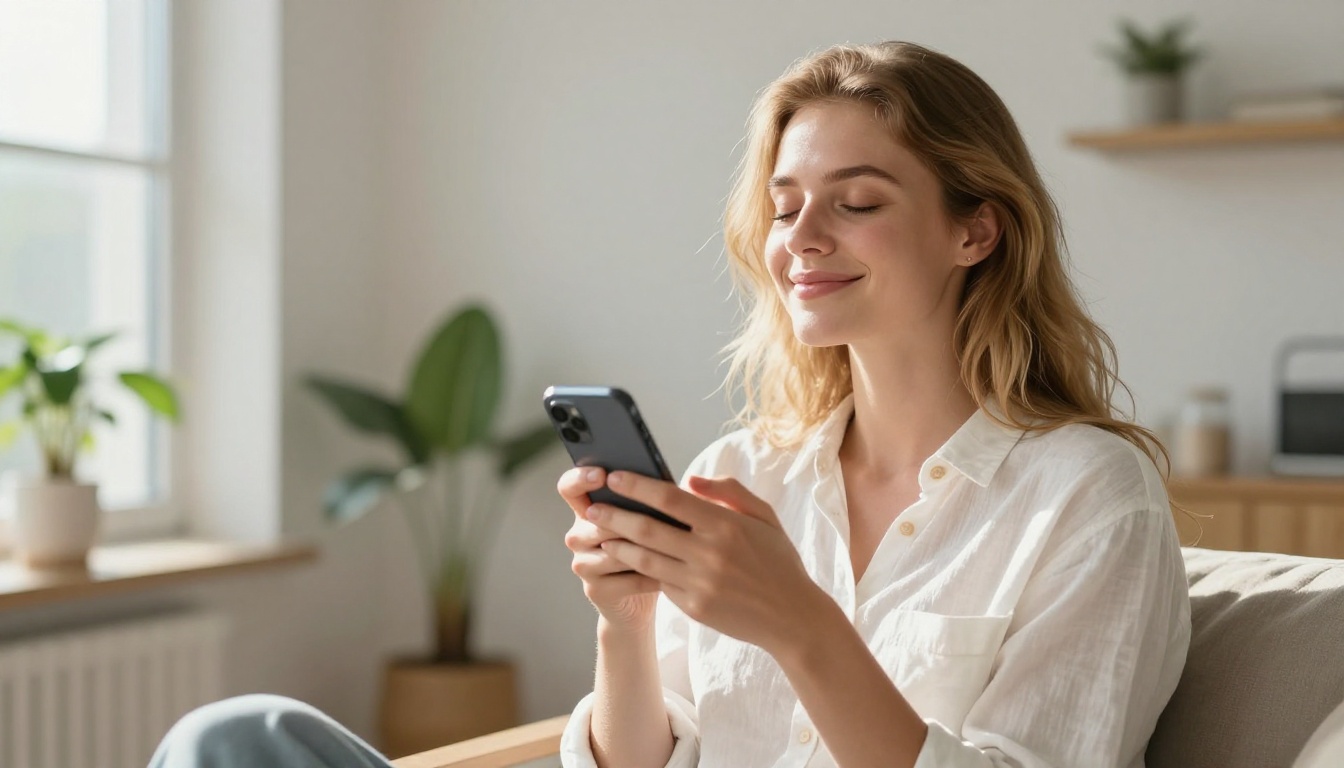 Beautiful young European woman with honey-blonde hair holding her smartphone to her chest with eyes closed and a peaceful serene smile of genuine emotional contentment, warm morning light flooding through large windows