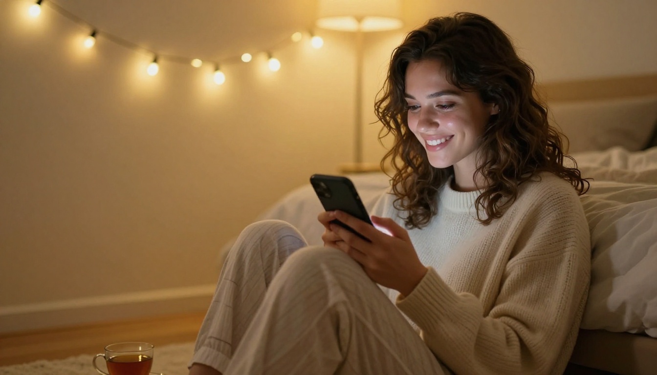 Young woman on her bedroom floor surrounded by warm fairy lights grinning at her phone