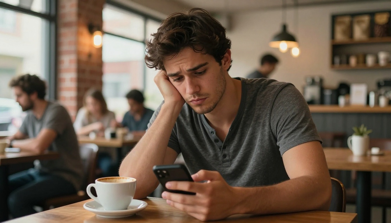 Man in coffee shop scrolling dating app with tired expression Man in coffee shop scrolling dating app with tired expression