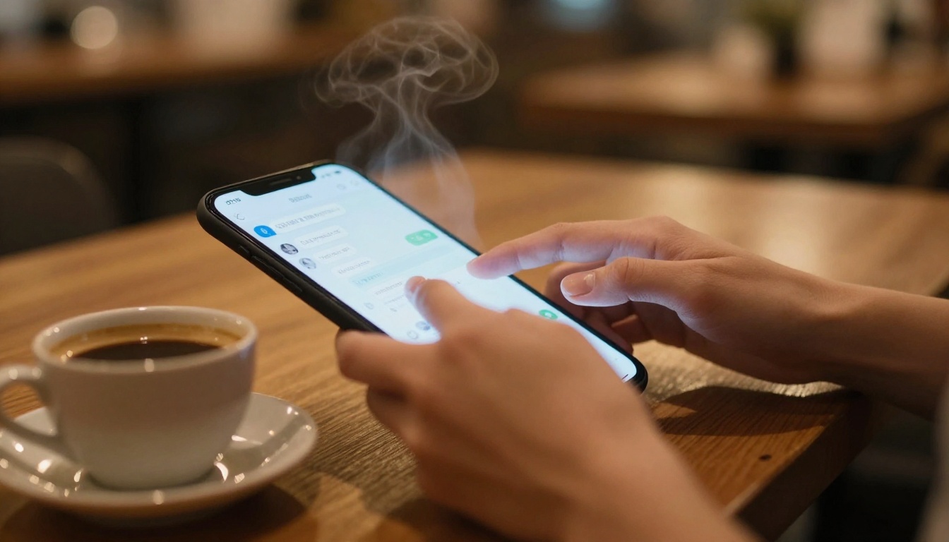 Woman typing a chat message at a cozy coffee shop, steam rising from her cup