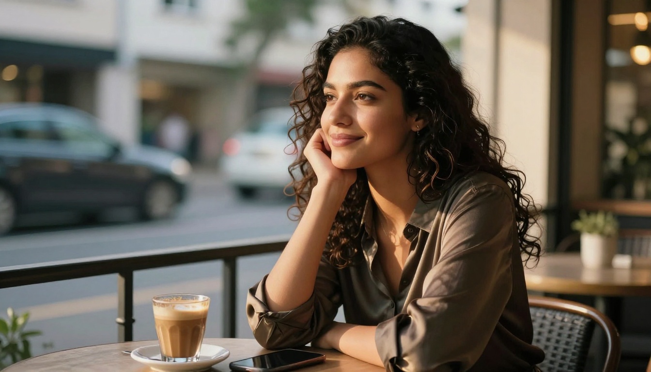 Confident woman sitting at a sidewalk cafe with phone face-down, relaxed and thoughtful in golden hour light