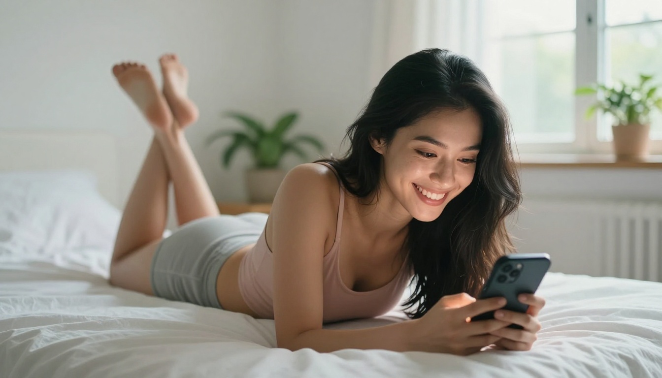 Young woman lying on bed smiling at phone with joy Young woman lying on bed smiling at phone with joy